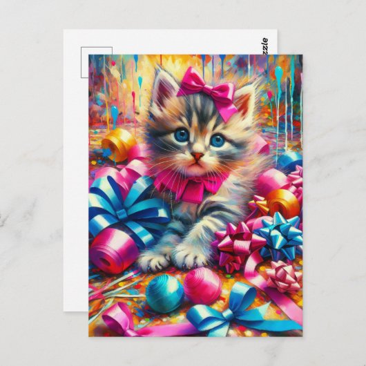 Schattigee kitten spelen in verjaardagsbogen en li briefkaart (Voorkant / Achterkant)