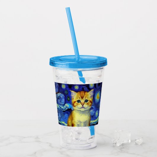 Schattigee kitten Sterrennacht Van Gogh Acryl Drinkbeker (Voorkant ijs)