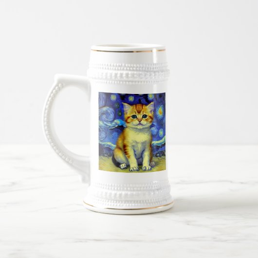 Schattigee kitten Sterrennacht Van Gogh Bierpul (Links)