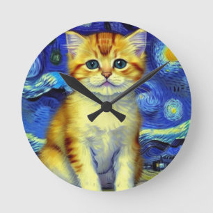 Schattigee kitten Sterrennacht Van Gogh Ronde Klok