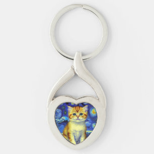 Schattigee kitten Sterrennacht Van Gogh Sleutelhanger