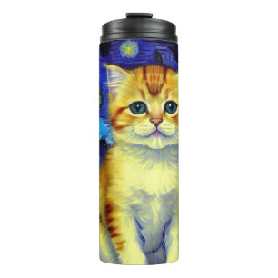 Schattigee kitten Sterrennacht Van Gogh Thermosbeker