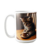 Schattigee kitten zittend in een stoel met een kop