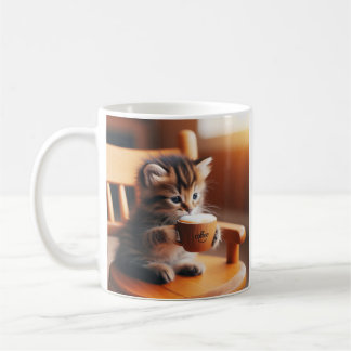 Schattigee kitten zittend op een stoel drink een k koffiemok