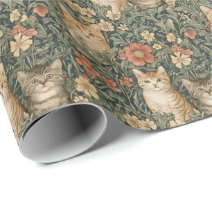 Schattigee Kittens in een tuin in William Morris-s Cadeaupapier