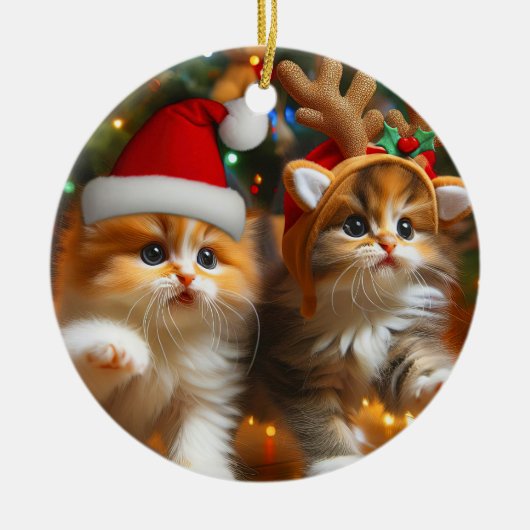 Schattigee kittens met Sinterklaas en rendieren pe Keramisch Ornament (Voorkant)