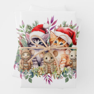 Schattigee Kittens, Muizen & Puppies Bloemen Kerst Inpakpapier Vel