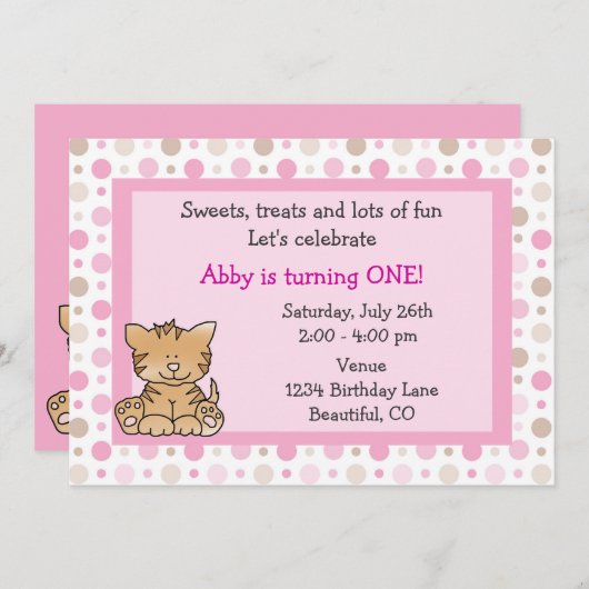 Schattigee Kitty Cat eerste verjaardagsuitnodiging Kaart (Voorkant / Achterkant)