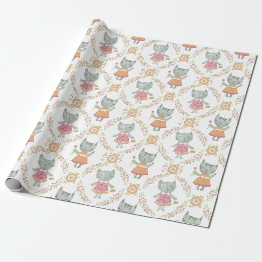 Schattigee Kitty Cat Meisje Verjaardag Cadeaupapier (Uitgerold)