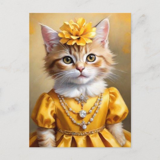 Schattigee kitty kat in gele jurk briefkaart (Voorkant)