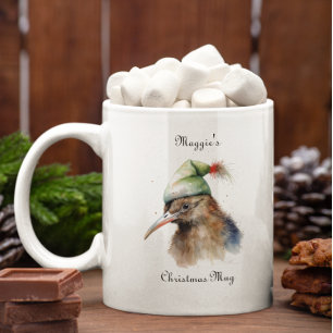 Schattigee Kiwi Bird in Christmas Elf Pet, op maat Tweekleurige Koffiemok