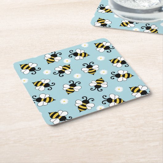 Schattigee kleine bijen en madeliefjes bloemenpatr vierkante kartonnen onderzetter (Schuin)