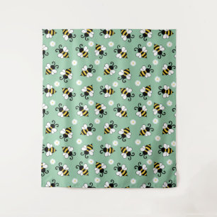 Schattigee kleine bijen en madeliefjes bloemenpatr wandkleed