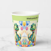 Schattigee kleine dinosaurus met veel kleurrijke b papieren bekers (Voorkant)