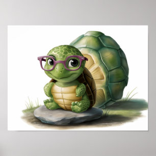 Schattigee kleine groene schildpad met bril poster