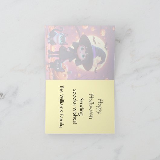 Schattigee kleine heks met katten en pompoenen, op kaart (Binnen)