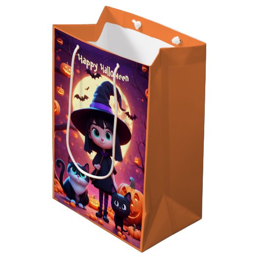Schattigee kleine heks met katten en pompoenen, op medium cadeauzakje (Voorkant Gekanteld)