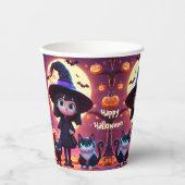 Schattigee kleine heks met katten en pompoenen, op papieren bekers (Voorkant)
