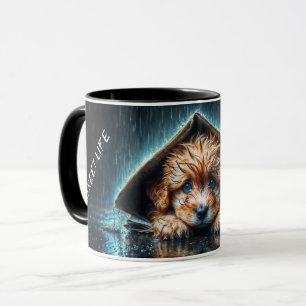 Schattigee kleine hond in regendag met blauwe ogen mok