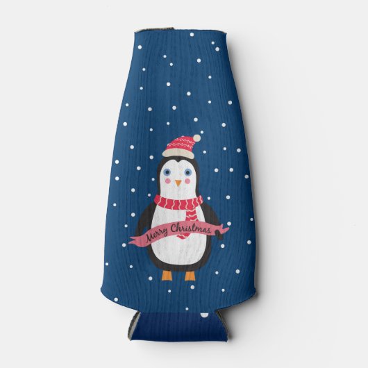 Schattigee kleine kerst Penquin "Vrolijk kerstfees Flesjeskoeler (Voorkant)