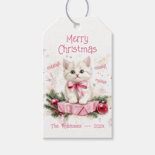 Schattigee Kleine Kitten Roze Kerst Cadeaulabel (Voorkant)