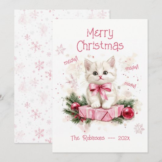 Schattigee Kleine Kitten Roze Kerst Kaart (Voorkant / Achterkant)