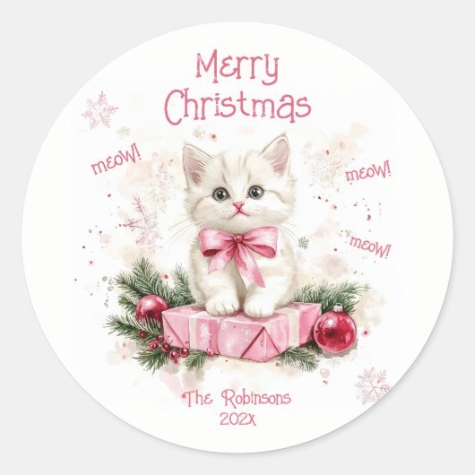 Schattigee Kleine Kitten Roze Kerst Ronde Sticker (Voorkant)