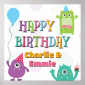 Schattigee kleine monsters Happy Birthday Party, e Poster (Voorkant)