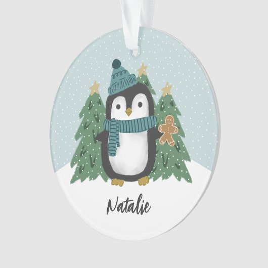 Schattigee kleine pinguïn en koekje | Naam Ornament (voorkant)
