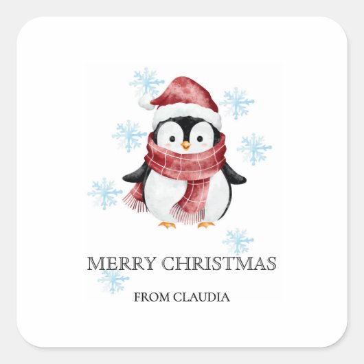 Schattigee kleine pinguïn gepersonaliseerd kerstca vierkante sticker (Voorkant)