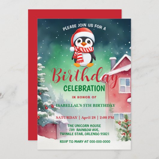 Schattigee kleine pinguïn kerstvakantie jarige jon save the date (Voorkant / Achterkant)