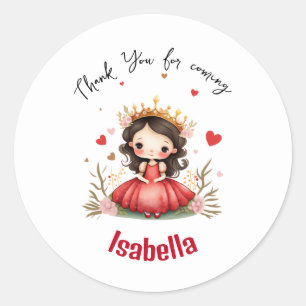 Schattigee kleine prinses met rode jurk ronde sticker