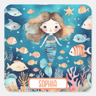 Schattigee kleine zeemeermin onder het Zee met kor Vierkante Sticker