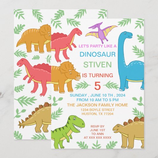 Schattigee Kleurrijke Dinosaurus Verjaardag Kaart (Voorkant / Achterkant)