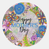 Schattigee Kleurrijke Doodle Flowers Moederdag Ronde Sticker (Voorkant)