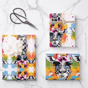 Schattigee kleurrijke Giraffa met zonnebril splash Inpakpapier Vel