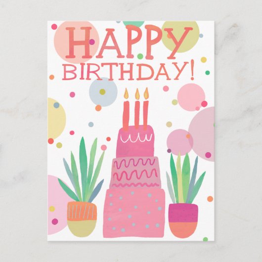 Schattigee Kleurrijke Happy Birthday Cake Roze Bol Briefkaart (Voorkant)