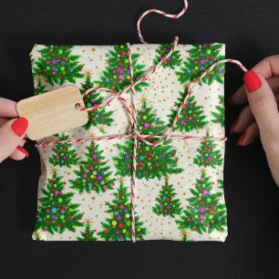 Schattigee kleurrijke kerstbomen beige cadeaupapier