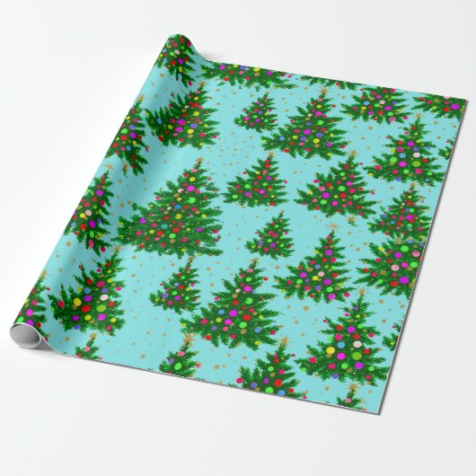 Schattigee kleurrijke kerstbomen blauw cadeaupapier (Uitgerold)