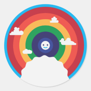 Schattigee Kleurrijke Regenboog met Gelukkige Zon Ronde Sticker