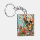 Schattigee kleurrijke schedel en bloemen sleutelhanger (Voorkant Links)