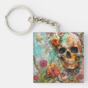 Schattigee kleurrijke schedel en bloemen sleutelhanger
