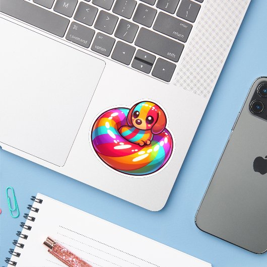 Schattigee Kleurrijke teckel in Rainbow Pool Float Sticker (Laptop met iPhone)