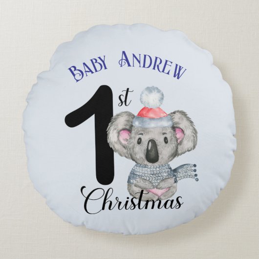 Schattigee Koala Baby's Eerste Kerst Winter Keepsa Rond Kussen (Voorkant)