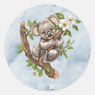 Schattigee Koala Beer Blauwe Waterverf Baby shower Ronde Sticker