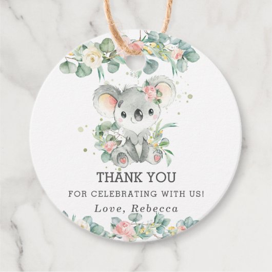 Schattigee Koala Eucalyptus Roze Bloemen Dank u Bedankjes Labels (Voorkant)