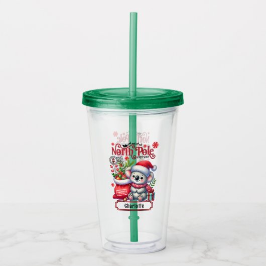 Schattigee Koala Kerstmis gepersonaliseerde naam Acryl Drinkbeker (Voorkant)