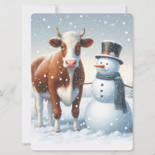 Schattigee koe en sneeuwman in het winterveld feestdagenkaart (Voorkant)