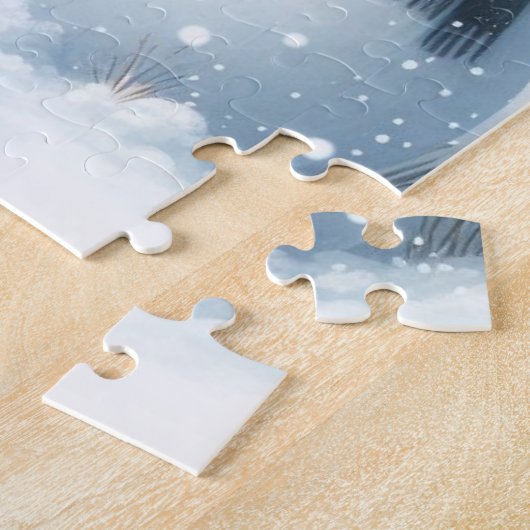 Schattigee koe en sneeuwman in het winterveld legpuzzel (Zijkant)