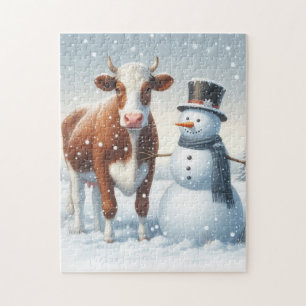 Schattigee koe en sneeuwman in het winterveld legpuzzel